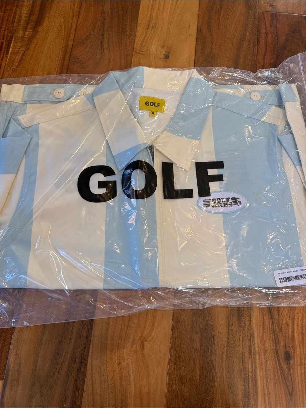GOLF Wang Trucking Work Jacket in Light Blue and Cream Stripes in XL